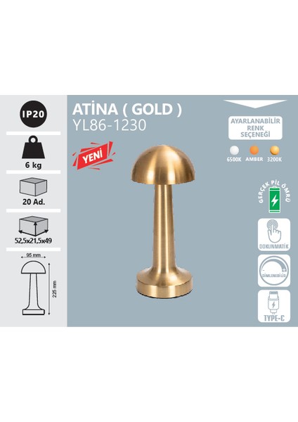 - Atina Gold Masa Lambası (Ayarlanabilir 3 Renk, Dokunmatik, Şarjlı) modelleri