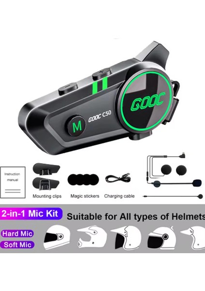 C50 2x Motosiklet Intercom Kask Kulaklık 1500 Mah Rgb Işıklı Çift Eşleşme