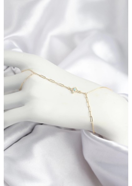 Bfs Pirinç Zirkon Taşlı Mavi Boncuklu Yonca Model Gold Renk Şahmeran