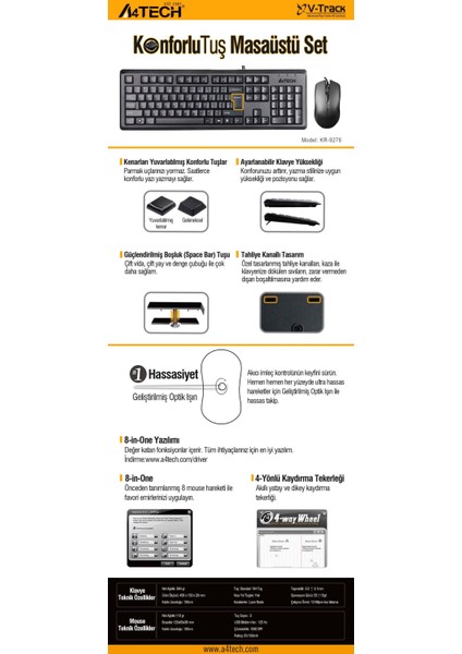 A4 TECH KR-9276 USB Q Trk Optic Mouse Suya Dayanıklı Siyah Multimedya Klavye - Mouse Set