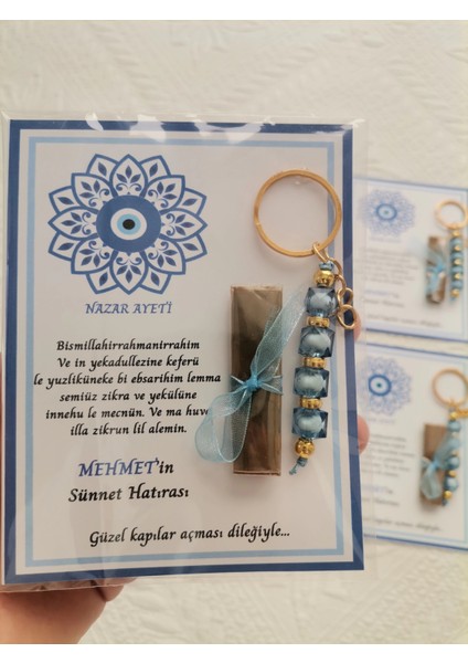100 Adet Kişiye Özel Nazar Ayeti Sünnet Hatırası Dağıtmalık Hediyelik Mavi Renk Anahtarlık ve Kına