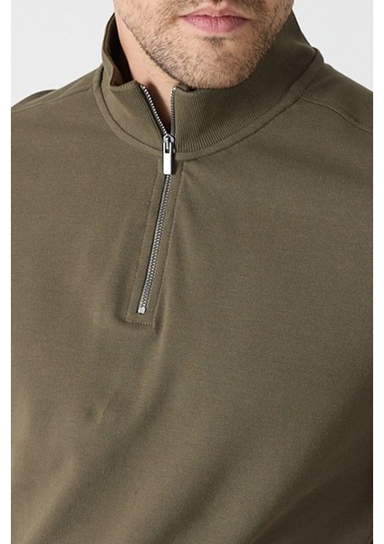 Erkek Dik Yaka Fermuarlı Sweatshirt - Haki fiyatları