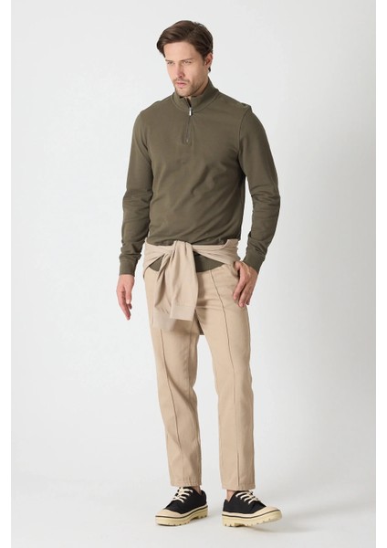 Erkek Dik Yaka Fermuarlı Sweatshirt - Haki indirimleri