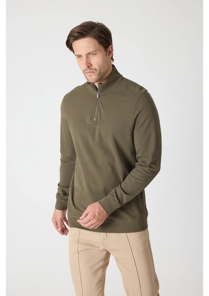 Erkek Dik Yaka Fermuarlı Sweatshirt - Haki