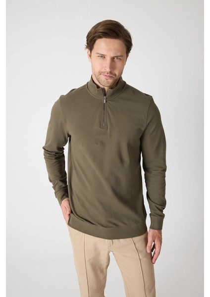 Erkek Dik Yaka Fermuarlı Sweatshirt - Haki