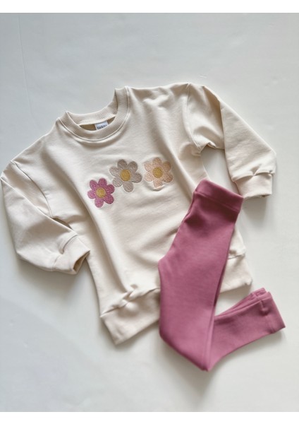 Papatya Nakış Detaylı 2-7 Yaş Kız Çocuk Sweatshirt Tayt Takımı