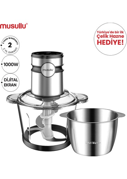 2 Litre Dokunmatik Doğrayıcı ve Öğütücü, Metalik Tasarım