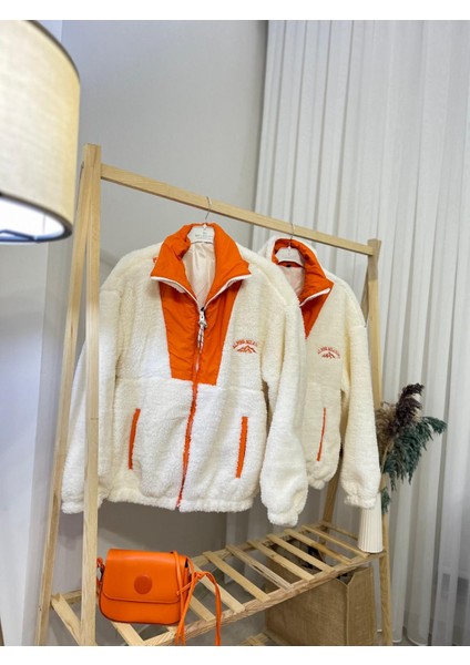 Fermuarlı Turuncu-Krem Yeni Sezon Peluş Ceket