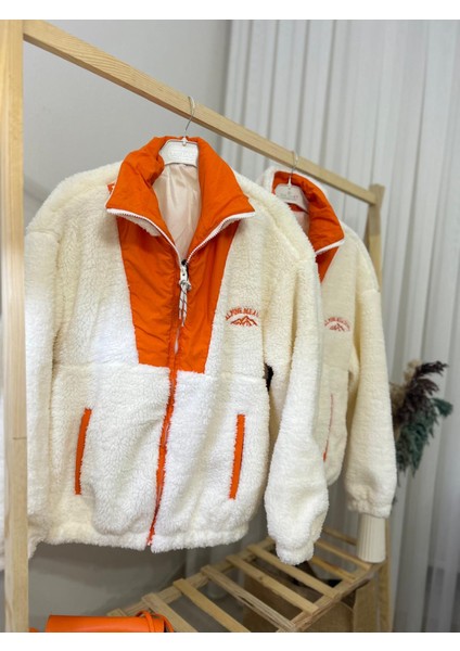 Fermuarlı Turuncu-Krem Yeni Sezon Peluş Ceket modelleri