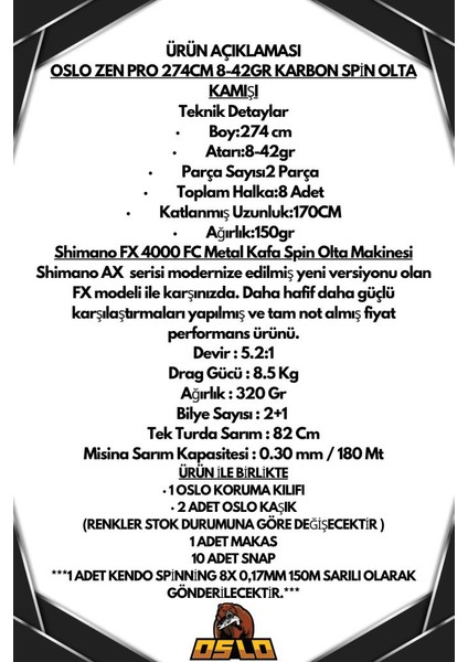 Shimano Fx 4000 Oslo Zen Pro 274CM 8-42GR 8 Örgü Spin Olta Seti fiyatları