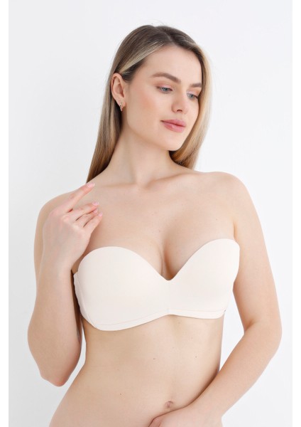 Ekru Askısız Straplez Destekli Sütyen