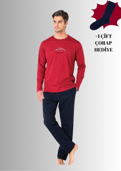%100 Pamuklu Bisiklet Yaka Uzun Kol Düz Paça Pijama Takımı (Çorap Hediyeli)