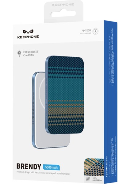 Apple Uyumlu Brendy Kevlar Fiber Tasarım 5.000 Mah 20W Type-C ve 15W Kablosuz Şarj Slim Magsafe Powerbank