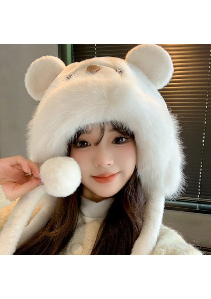Peluş Ayıcık Şapka, Kadın Sonbahar-Kış Için Sevimli, Yüzü Küçük Gösteren, Rüzgar Geçirmez, Sıcak Tutan ve Kulakları Koruyan, Her Tarza Uyumlu Kapüşonlu Şapka (Yurt Dışından)