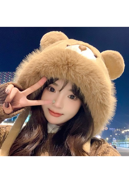 Peluş Ayıcık Şapka, Kadın Sonbahar-Kış Için Sevimli, Yüzü Küçük Gösteren, Rüzgar Geçirmez, Sıcak Tutan ve Kulakları Koruyan, Her Tarza Uyumlu Kapüşonlu Şapka (Yurt Dışından)