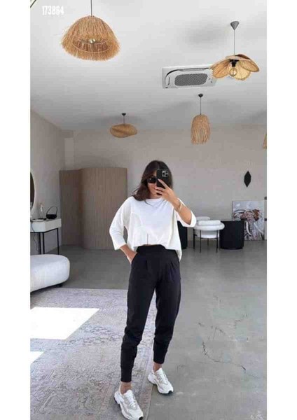 Kadın Scuba Modal Paça Manşet Pileli Pantolon, Kırmızı Gül Figürlü Kolye Hediye