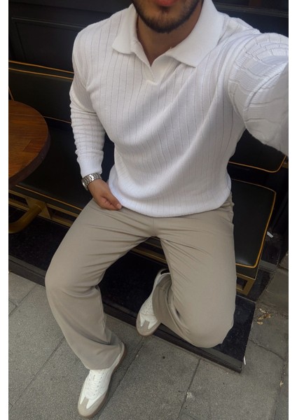 Kimi Fitilli Erkek Triko Polo Yaka Regular Kalıp Uzun Kollu Tişört