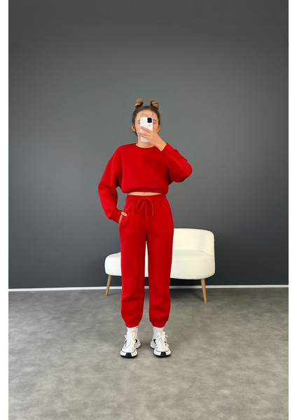 Şardonlu 3 Iplik Kumaş Crop Sweatshirt ve Bel Lastikli Pantolon Takım