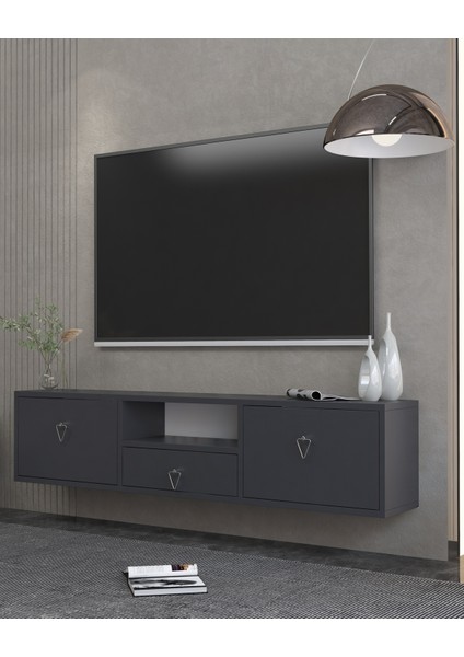 1303DROPCT-1 Duvara Montaj Tv Sehpası Antrasit-Gümüş Kulp