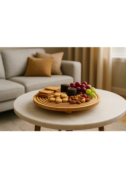 Bambu Dekoratif Top Ayaklı Yuvarlak Sunum Tabağı, Servis Tabağı, (28 x 28 Cm)