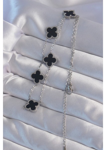 Bfs 316L Çelik Gümüş Renk Siyah Mineli Yonca Kolye fiyatları