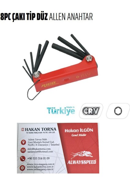 -Rico- 8 Parça Çakı Tip Düz Allen Anahtar Takımı 013-RC0204