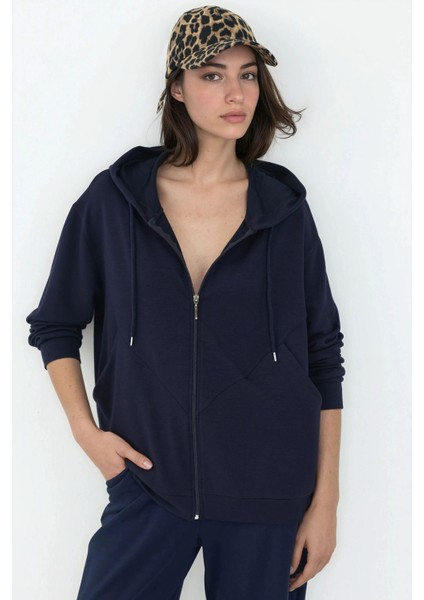 Kadın Modal Touch Fermuarlı Kapşonlu Sweatshirt Lacivert