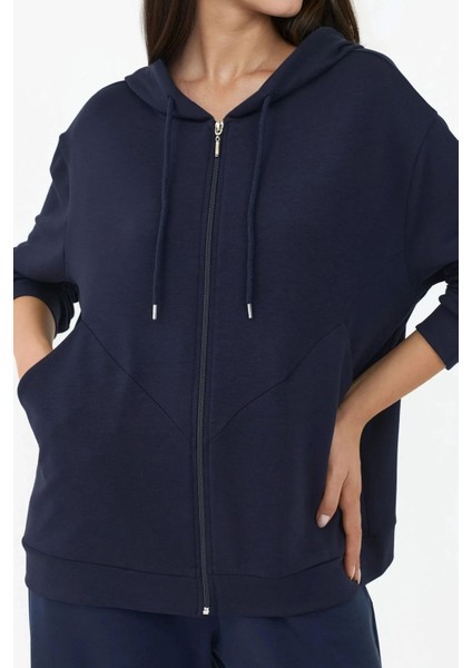 Kadın Modal Touch Fermuarlı Kapşonlu Sweatshirt Lacivert indirimleri