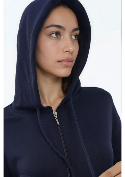 Kadın Modal Touch Fermuarlı Kapşonlu Sweatshirt Lacivert