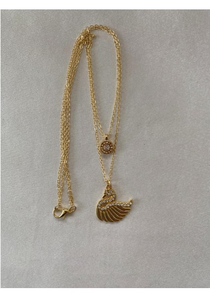 Kuğulu Parlak Taşlı Ikili Kolye Altın Renk