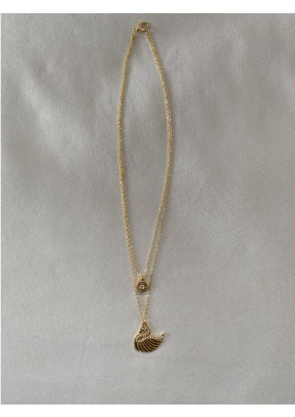 Kuğulu Parlak Taşlı Ikili Kolye Altın Renk fiyatları