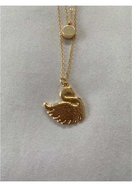 Kuğulu Parlak Taşlı Ikili Kolye Altın Renk modelleri