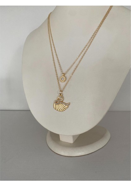 Kuğulu Parlak Taşlı Ikili Kolye Altın Renk fırsatları