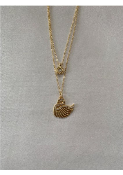 Kuğulu Parlak Taşlı Ikili Kolye Altın Renk indirimleri