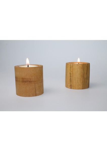 Silindir Ahşap Tealight Mum Şamdanlık Seti - 3'lü - Mumlar Dahil - Gürgen Ağacı