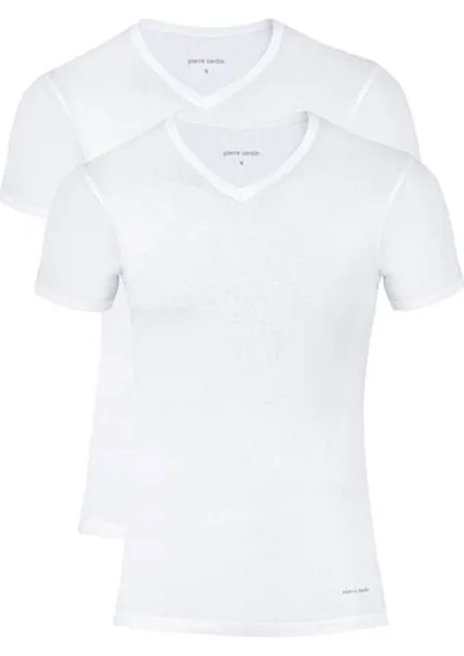 Erkek %100 Pamuklu Beyaz 2'li Ribana V Yaka Fanila T-Shirt Q5.u.5o.k3.k.a.p.c