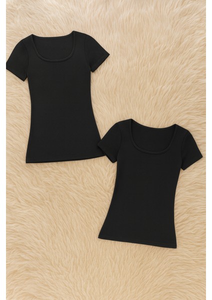 Kadın Modal Pamuklu Likralı Kısa Kol Kaplı 2'li Sütyen T-Shirt Q6K6K5T4KA