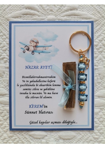 100 Adet Kişiye Özel Nazar Ayeti Sünnet Hatırası Dağıtmalık Hediyelik Mavi Renk Anahtarlık ve Kına
