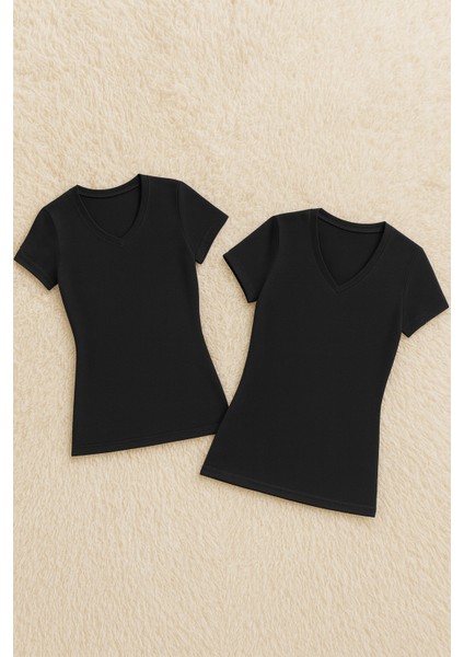 Kadın Modal Pamuklu Likralı Yarım Kol V Yaka 2'li Atlet T-Shirt Q6K6K1T6KA