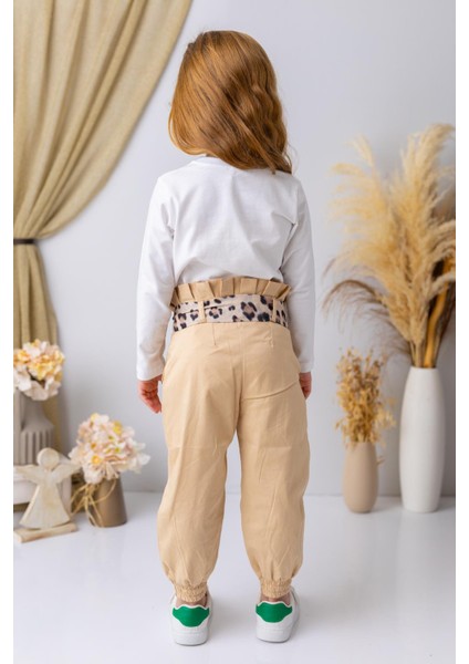 Kız Çocuk Beli Büzgülü Jogger Pantolon - Bej