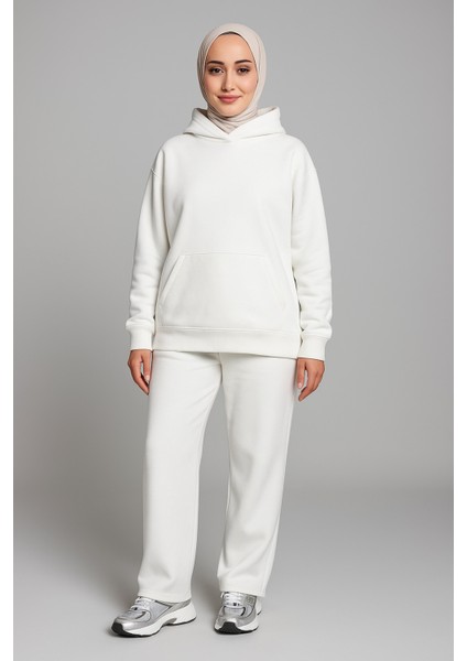 Tesettür Üç Iplik Eşofman Takımı - Kapüşonlu Sweatshirt ve Rahat Alt Pantolon, Normal ve Büyük Beden