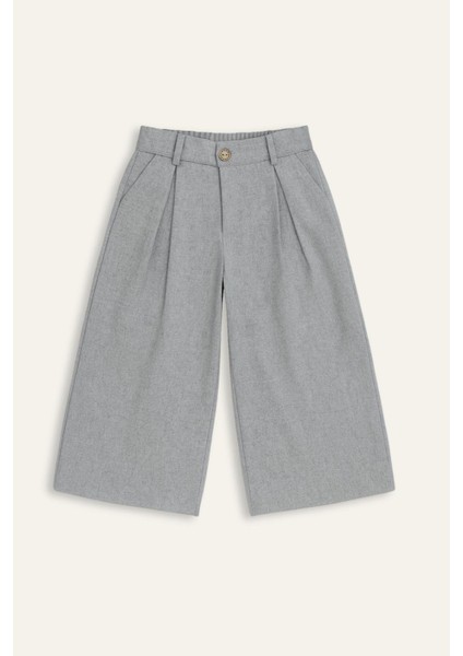 Kız Çocuk Ince Kaşe Pileli Bol Pantolon - Gri