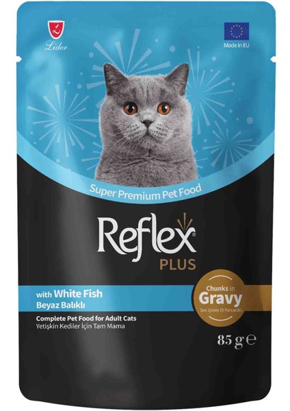 Elit Reflex Plus Sos Içinde Et Parçacıklı Beyaz Balıklı Yetişkin Kedi Konservesi 85GR