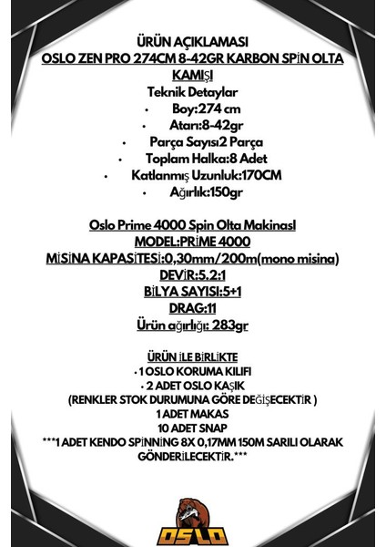 Zen Pro 274CM 8-42GR Oslo Prime 4000 Spin Olta Seti fiyatları