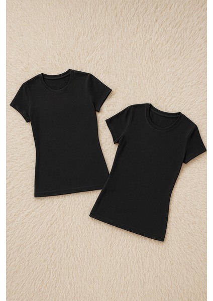 Kadın Modal Pamuklu Likralı Yarım Kol 2'li Atlet T-Shirt Q6K6K1T5KA