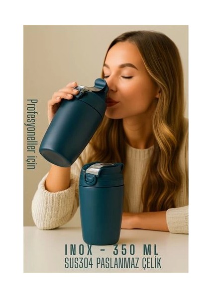 Bfs Inox Çelik Kahve Bardağı - 350 ml SUS304 Çelik Termos Profesyonel Mavi