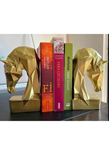 Dekoratif Kübik Geometrik Tasarım At Kitap Tutucu Altın Renk Beton 2 Adet