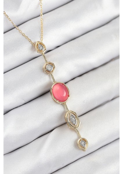 Bfs Pirinç Zincir Pembe Gold Renk Zirkon Taşlı Y Kolye