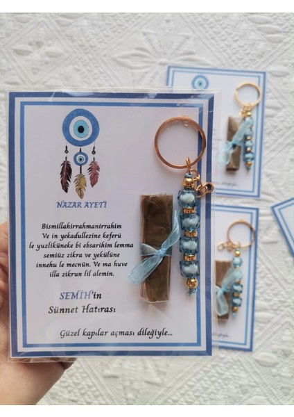 32 Adet Kişiye Özel Nazar Ayeti Sünnet Hatırası Dağıtmalık Hediyelik Mavi Renk Anahtarlık ve Kına