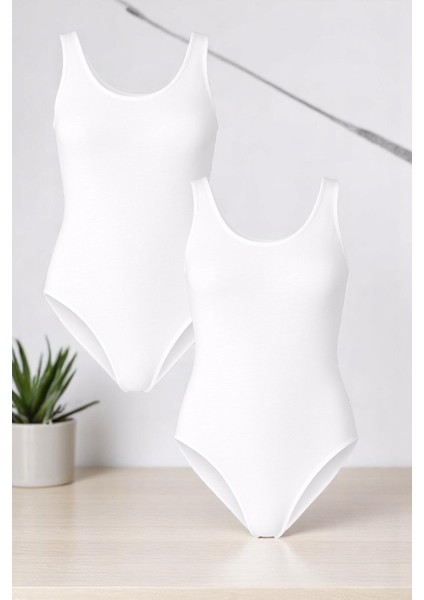 Kadın Pamuklu Likralı Penye Kalın Askılı Beyaz 2'li Çıtçıtlı Body